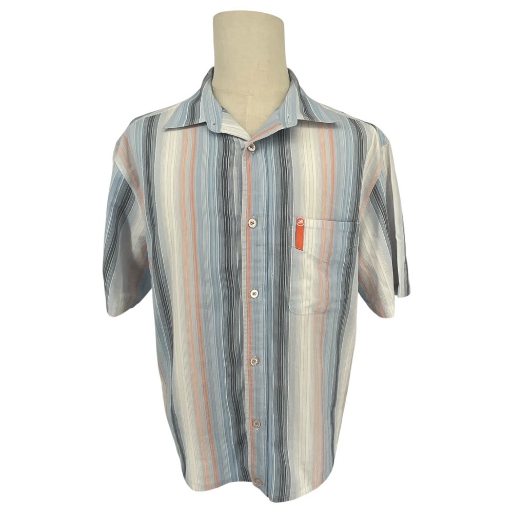 Mecca‎ Mens Blue Orange Striped Short Sleeve Button Down Shirt L Y2K Streetwear